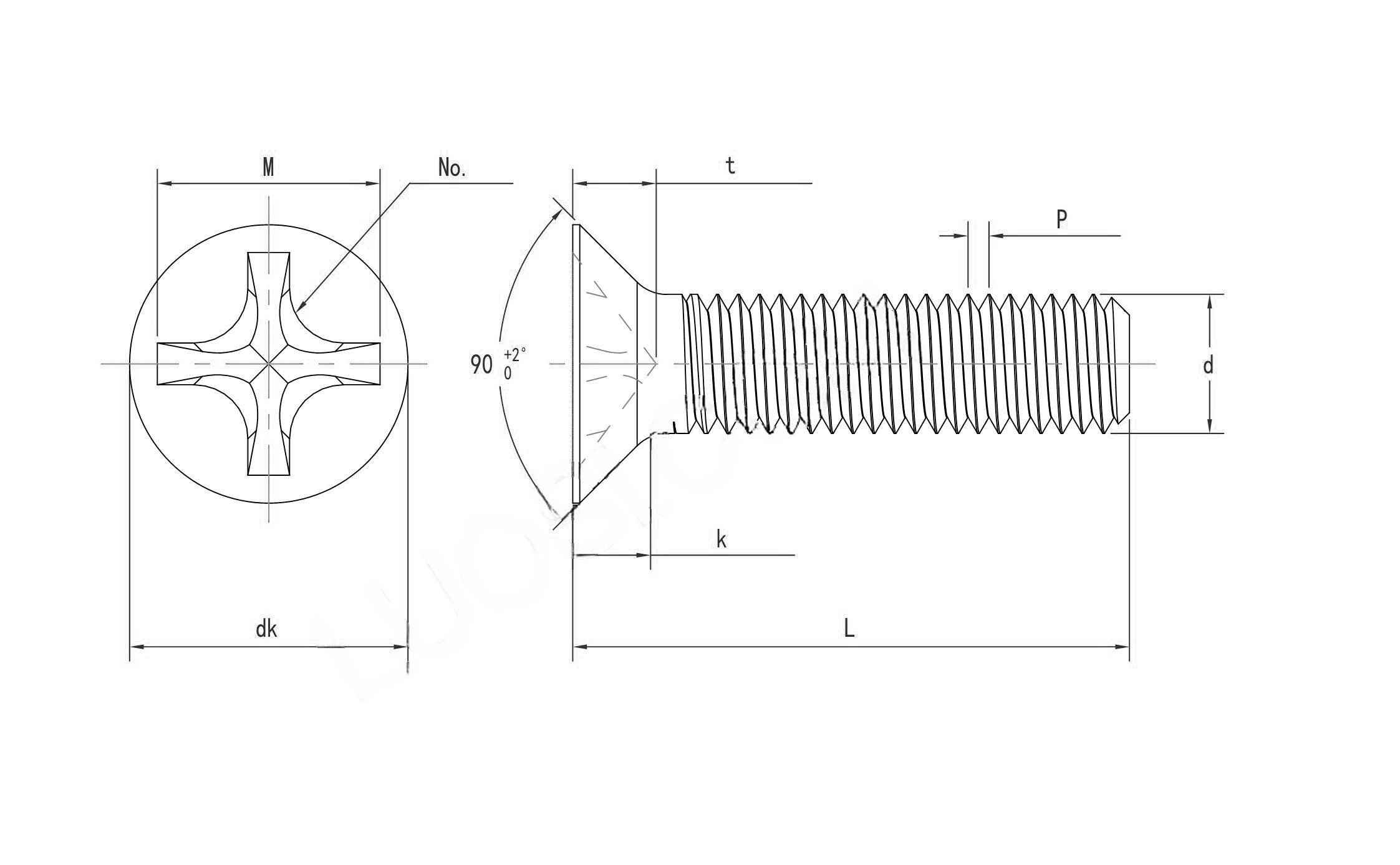 Drawing of DIN965 Stainless Steel Cross Recessed Countersunk Head Screws