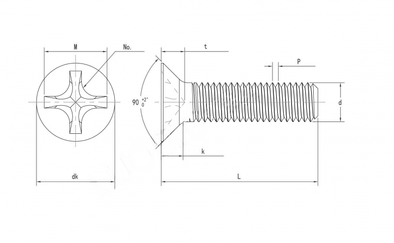 Drawing of DIN965 Stainless Steel Cross Recessed Countersunk Head Screws