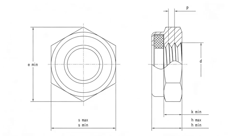 Drawing of ASME ANSI B18.16.6 Nylon Insert Lock nuts