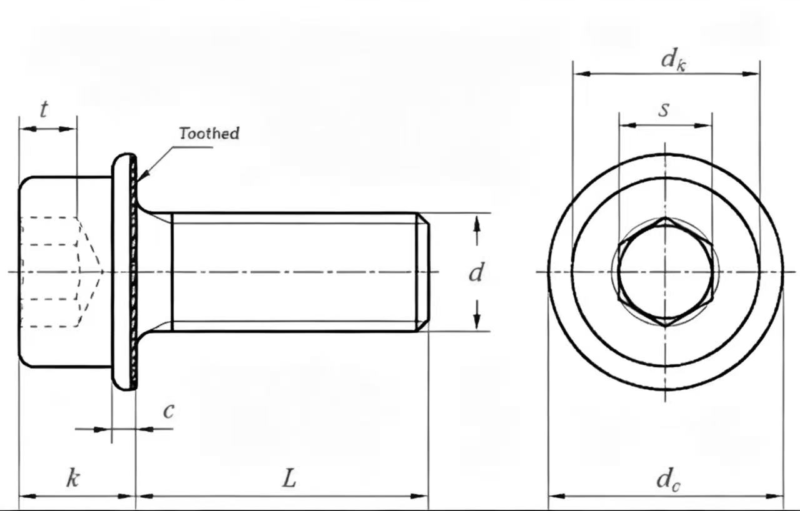 Drawing of DIN251 Hexagon Socket Head with Serrated Flange Screws
