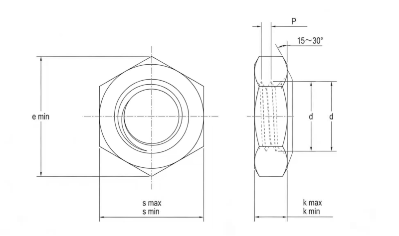 Drawing of DIN439 Unchamfered Hexagon Thin Nuts