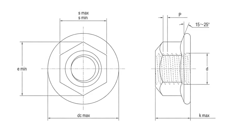 Drawing of DIN6927 Prevailing Torque Three Point Locking Flange Hexagon Nuts