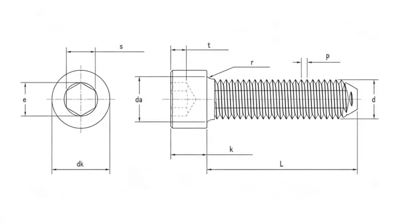 Drawing of DIN7500EE Hexagon Cheese Head Thread Rolling Screws