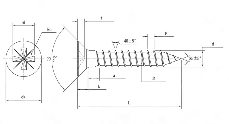 Drawing of DIN7505 Particle Board Countersunk Head Screws with Cross Recess