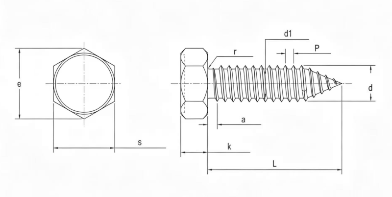 Drawing of DIN7976 Hexagon Head Tapping Screws