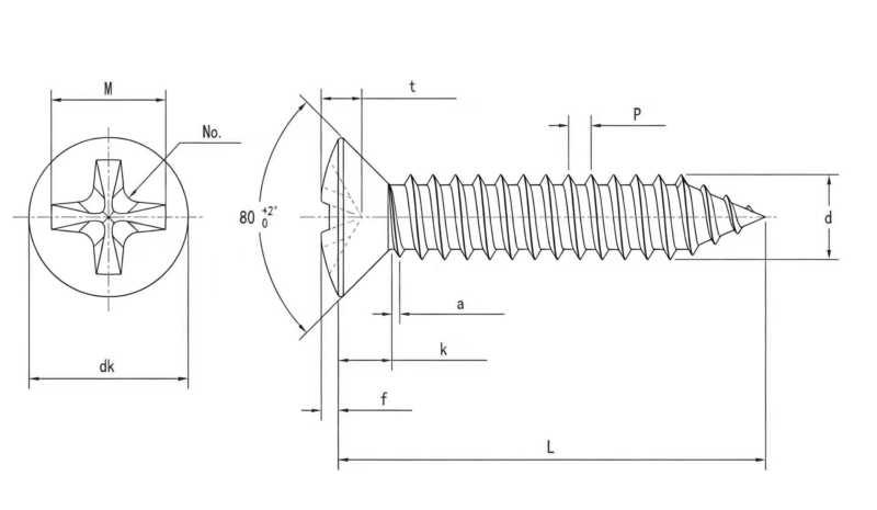 Drawing of DIN7983 Cross Recessed Raised Countersunk Head Tapping Screws
