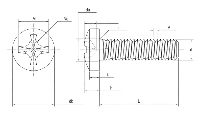 Drawing of DIN7985 Cross Recessed Raised Cheese Head Screws