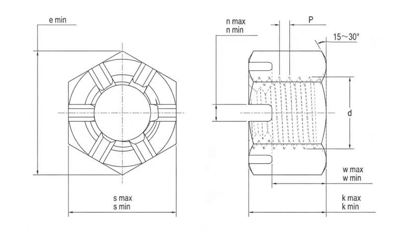 Drawing of DIN935 Hexagon Slotted and Castle Nuts