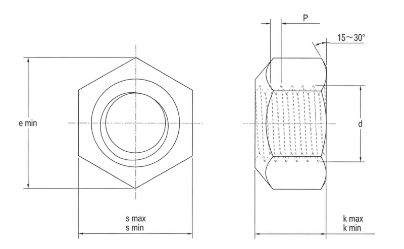 Drawing of DIN980V Prevailing Torque Hexagon Nuts with Three Point Locking