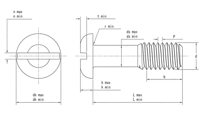 Drawing of GB837 Slotted pan head screws with waisted shank