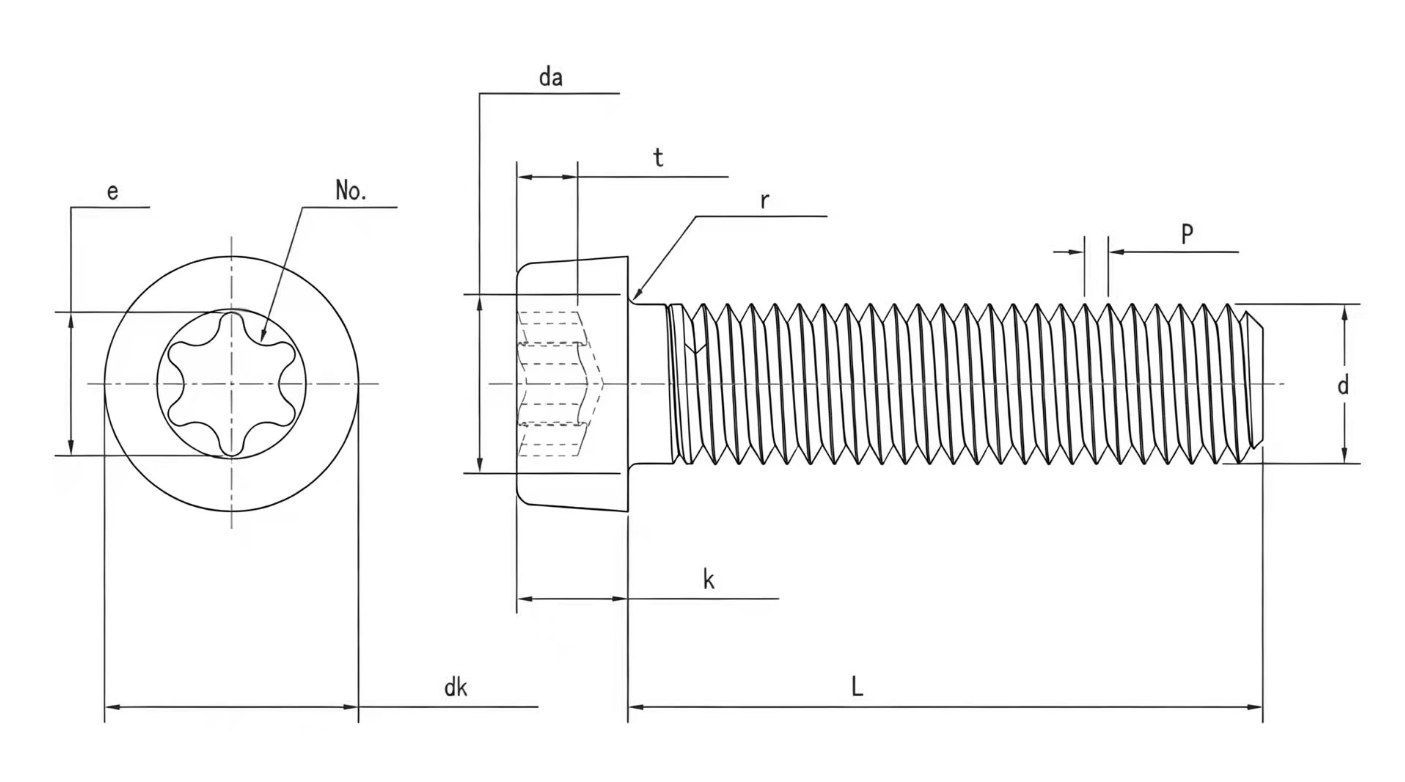 Drawing of ISO14580 Hexalobular Socket Cheese Head Screws