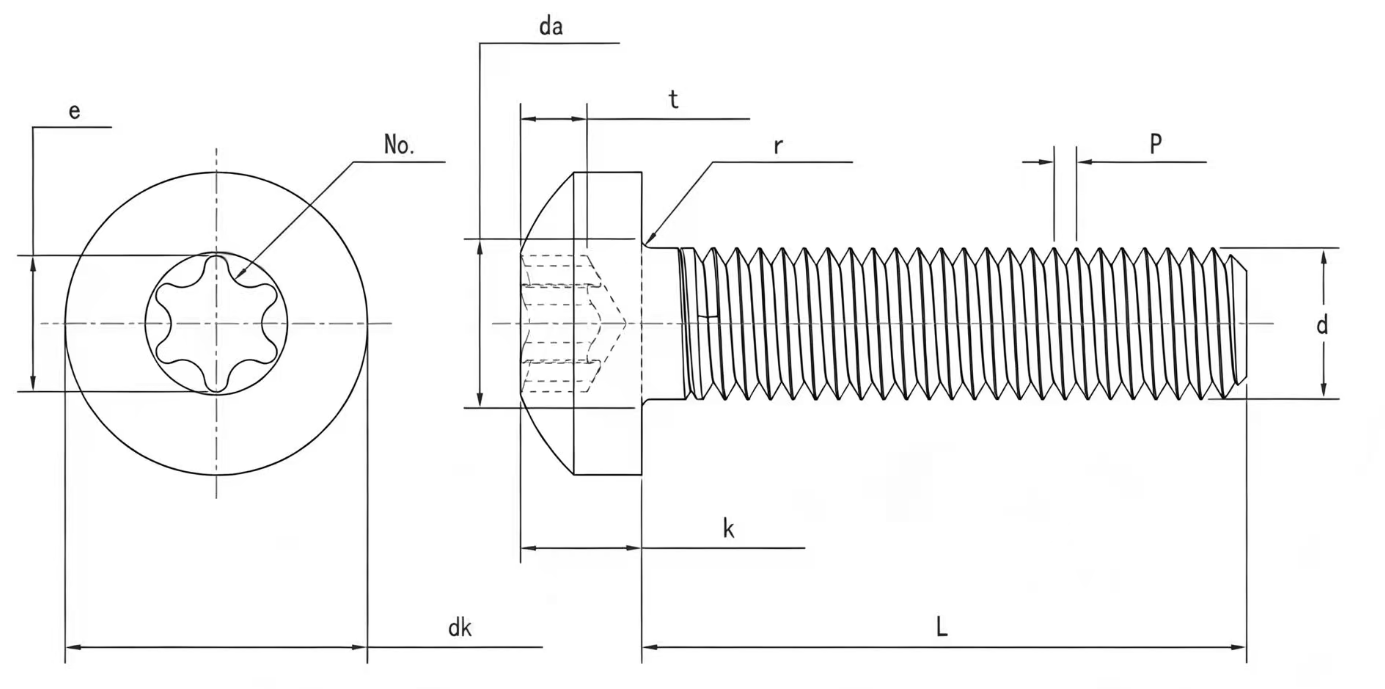 Drawing of ISO14583 Hexalobular Socket Pan Head Screws