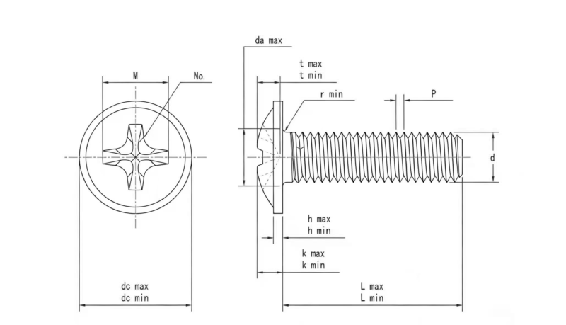 Drawing of DIN 967 Pan Head Screws with Collar