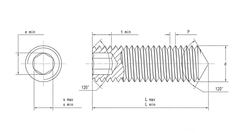 Drawing of DIN914 Cone Point Set Screws