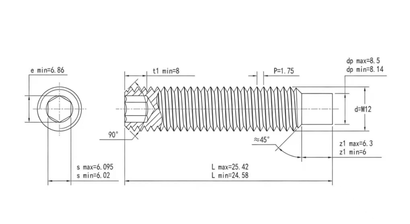Drawing of DIN915 Dog Point Set Screws
