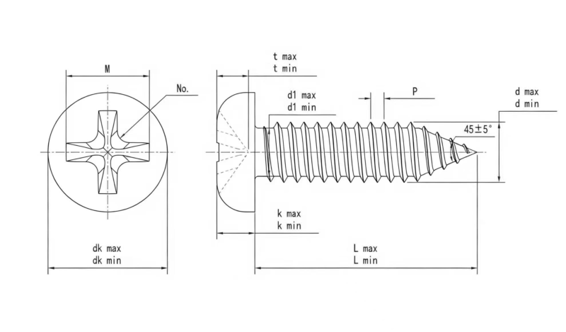 Drawing of ASME B18.6.3 Cross Recessed Pan Head Self Tapping Screw