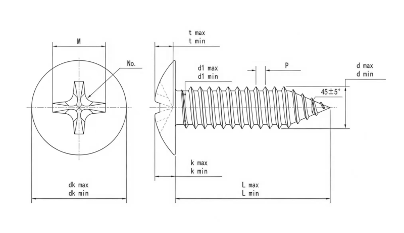 Drawing of ASME B18.6.3 Cross Recessed Truss Head Self Tapping Screw
