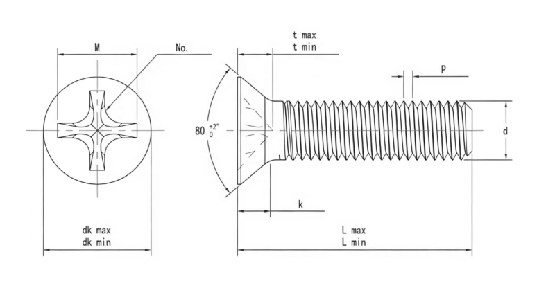 Drawing of ASME B18.6.3 Phillips Flat Head Machine Screws
