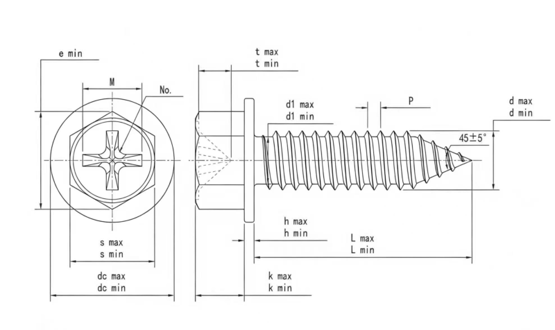 Drawing of ASME B18.6.3 Phillips Hex Collar Self Tapping Screws