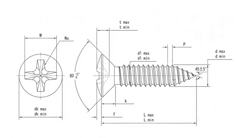 Drawing of ASME B18.6.3 Phillips Oval Countersunk Head Tapping Screw