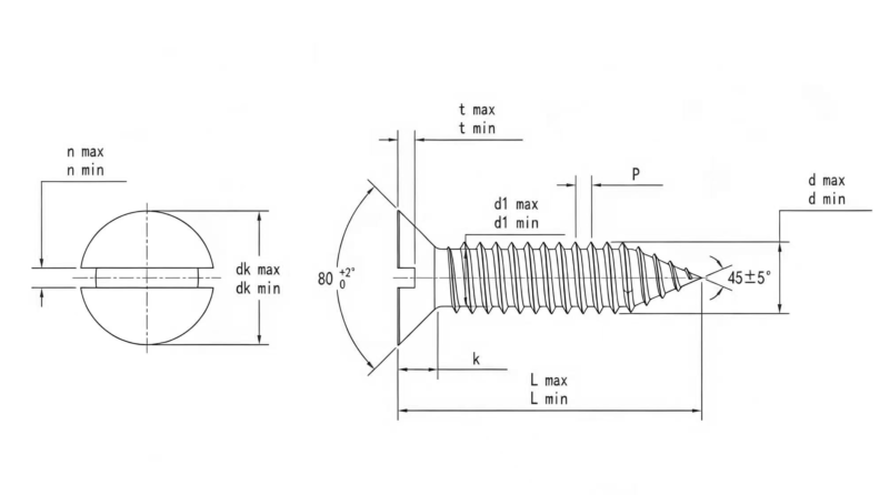 Drawing of ASME B18.6.3 Slotted 80° Countersunk Head Self Tapping Screw