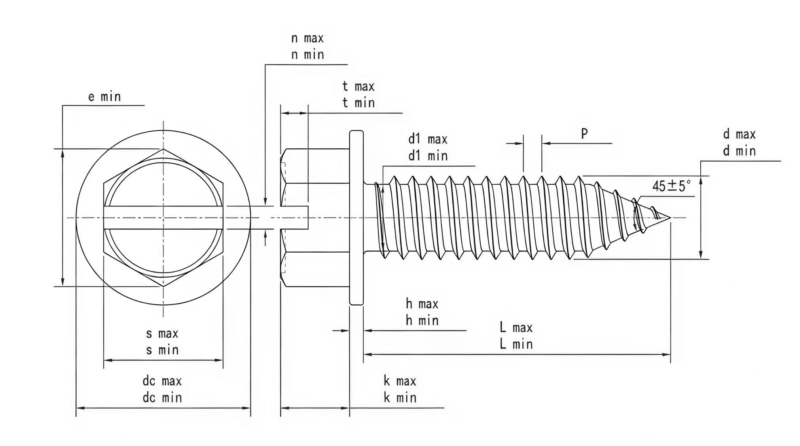 Drawing of ASME B18.6.3 Slotted Hex Collar Self Tapping Screw