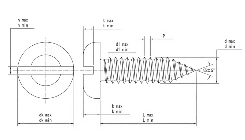 Drawing of ASME B18.6.3 Slotted Pan Head Self Tapping Screw