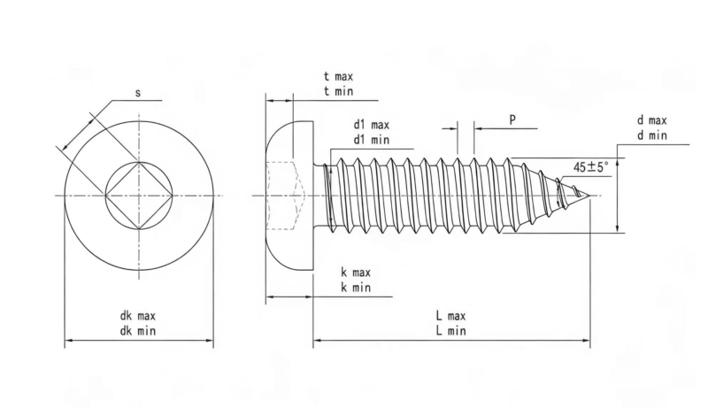 Drawing of ASME B18.6.3 Square Slot Pan Head Self Tapping Screw