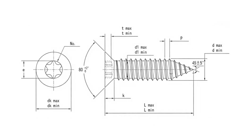 Drawing of ASME B18.6.3 Torx Flat Head Self Tapping Screw