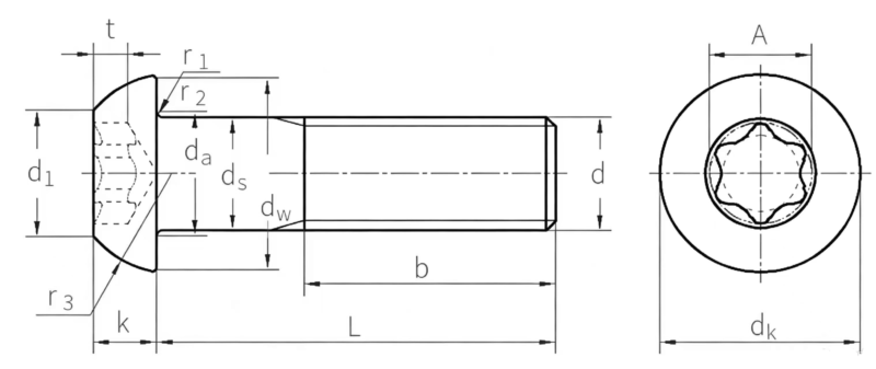 Drawing of ISO 7380-3 Torx Button Head Screw