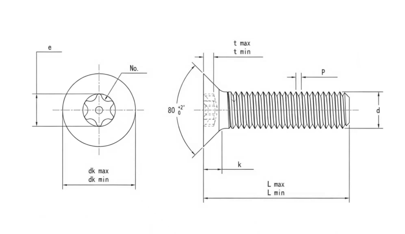 Drawing of Inch Size Countersunk Torx Screws with Pin